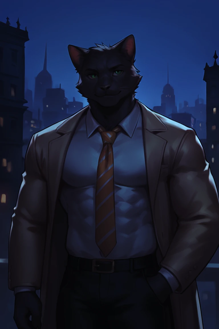 score_9, score_8_up, score_7_up, rating_safe, source_furry, dark theme, low light, anthro, furry, black cat, cat, black fur, green eyes, white collared shirt, long sleeves, striped necktie, orange necktie, beige coat, black pants, muscular, 1boy, solo, mal...