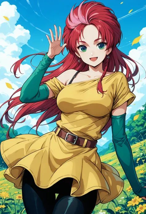 1girl, solo, (field:1.2), (sky:1.2), smile, large breasts, (cowboy shot, dynamic pose:1.4), 
yuuki_sara, green eyes, multicolored hair, red hair, two-tone hair, pink hair, long hair, yellow dress, off-shoulder shirt, bare shoulders, bra strap, green elbow ...