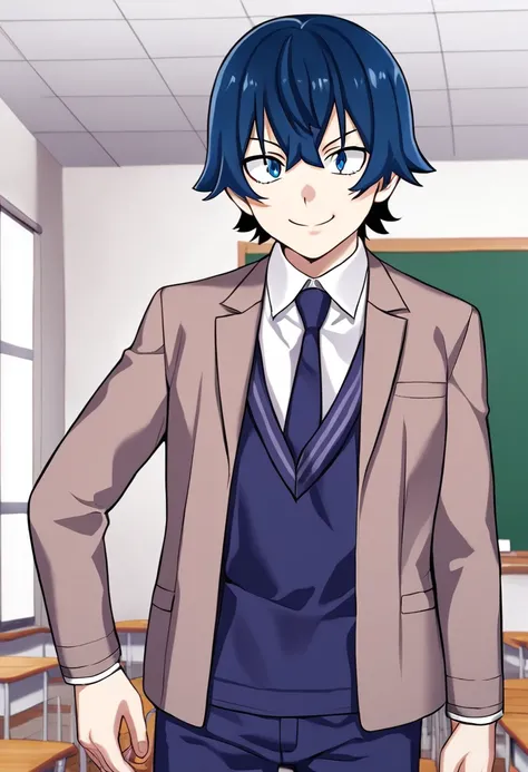 Na_Kang-Lim, hairstyle spikes, blue hair, short hair, blue eyes, webtoon, manhwa, source_anime, smile, standing, cowboy shot, winter school uniform, white shirt, collared shirt, blue necktie, blue blazer, brown jacket, blue pants, , indoors, classroom, neu...