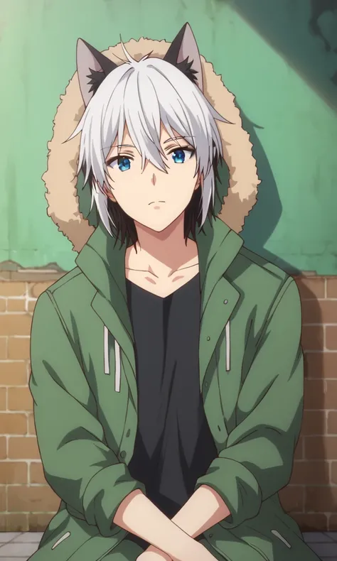 score_9,score_8_up,score_7_up,source_anime,1boy, solo,Nora,white hair,blue eyes,multicolored hair, two-tone hair,black hair,cat ears,green coat,hooded coat,hood up,fur-trimmed hood,black shirt,sitting, looking at viewer, dark-alley, outdoors<lora:EMS-44685...