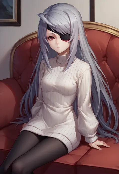 score_9, score_8_up, score_7_up, source_anime, solo, 1girl, laurab0dewig, expressionless, looking at you, sitting, couch, grey hair, ahoge, red eyes, eyepatch, white sweater, sweater dress, ribbed sweater, turtleneck, black pantyhose, indoors <segment:yolo...