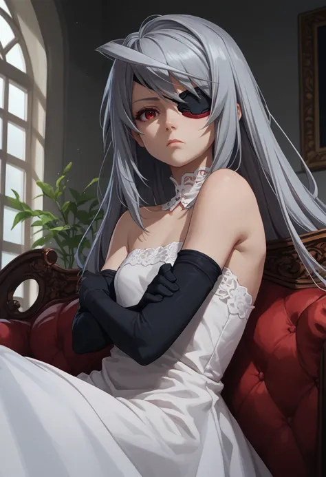 score_9, score_8_up, score_7_up, source_anime, solo, 1girl, laurab0dewig, expressionless, looking at you, crossed arms, grey hair, ahoge, red eyes, eyepatch, white dress, strapless dress, sleeveless dress, black gloves, elbow gloves, bare shoulders, indoor...