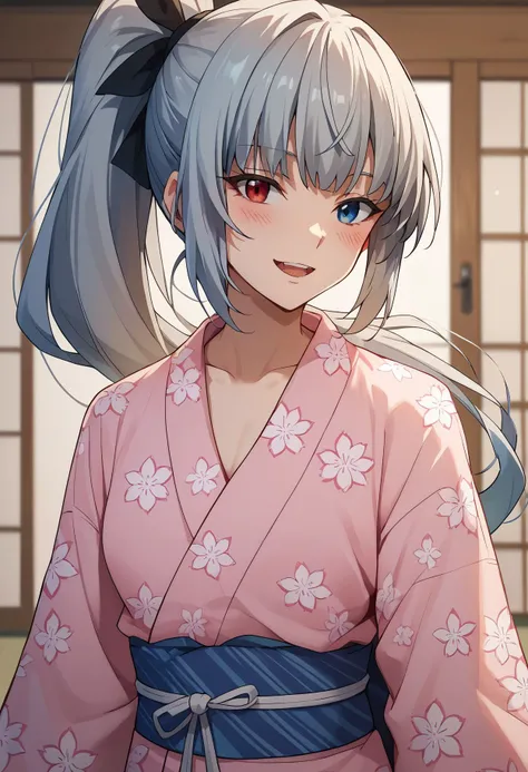 score_9, score_8_up, score_7_up, score_6_up, <lora:luminous_valentine_pdxl_goofy:1>lvslime, 1girl, solo, blue eyes, red eyes, heterochromia, kimono, long hair, blush, japanese clothes, open mouth, looking at viewer, ponytail, smile, yukata, floral print, b...