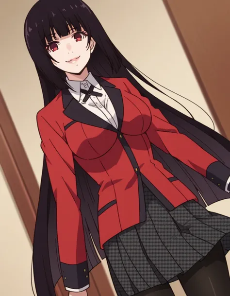 score_9, score_8_up, score_7_up, source_anime, <lora:yumeko-jabami-s2-ponyxl-lora-nochekaiser:1>, yumeko jabami, long hair, bangs, black hair, very long hair, blunt bangs, hime cut, red eyes, large breasts,, skirt, shirt, school uniform, jacket, white shir...