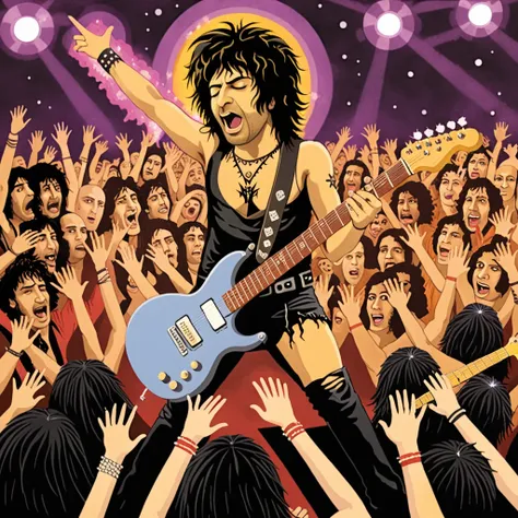 a rockstar performing on stage, with guitar, crowd, concert, hrushimoony, <lora:hrushimooney:1>