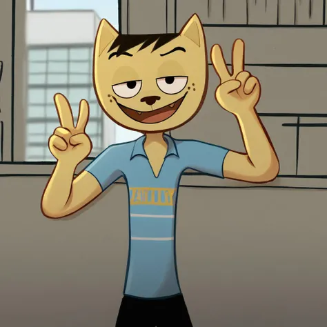 score_9, 1boy, solo, anthro, furry, feline, kitty bobo, tan fur, black hair, blue collared shirt, black pants, v sign, smug face, city background, portrait shot