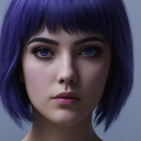 professional 3d model of  <lora:Hyperrealism style v2:1> in Hyperrealism style, 
An Unreal Engine image of a woman with a purple and black hair,1girl,solo,looking at viewer,bangs,closed mouth,blue hair,lips,makeup,glowing,portrait,close-up,science fiction,...