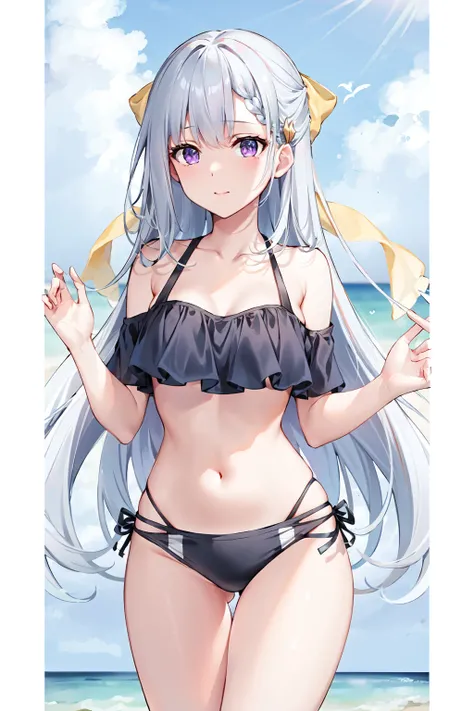 (masterpiece, best quality:1.2), 1girl, solo, rceuphyllia, rhombus hair ornament, yellow bow, hair bow, black bikini, frilled bikini, off-shoulder bikini, swimsuit, ocean, beach, <lora:euphyllia_5e4_v2_19-000016:0.7>