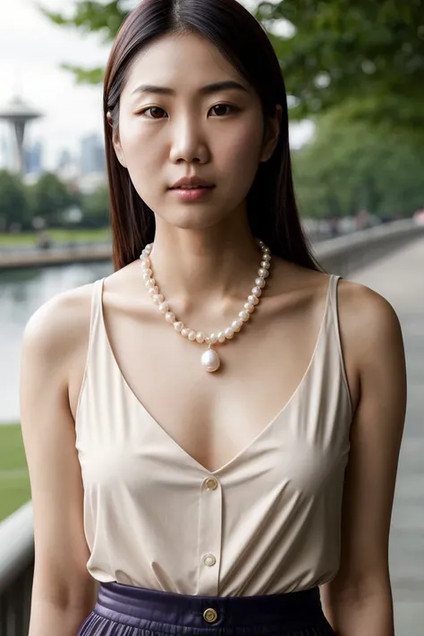 Asian woman, closeup, (shirt), pants, (seattle space needle), pearl necklace , (), KM_victoria, wide shoulders, perfect face, (contact iris: 1.1), pale skin, skin pores , depth of field