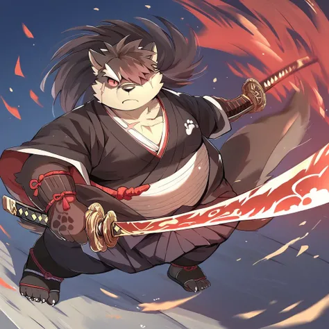 score_9, score_8_up, score_7_up, score_6_up, score_5_up, score_4_up, shino, housamo, anthro, dog, chubby, fat, ponytail, scars, five toes, black soles, red eyes,  japanese clothes, action pose, holding katana, holding sword, night scenery, school backgroun...