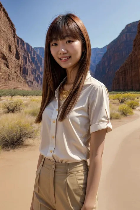 Asian woman, closeup, (shirt), pants, (big bend national park), gold necklace , smiling , KM_xia, wide shoulders, perfect face, (contact iris: 1.1), pale skin, skin pores , depth of field