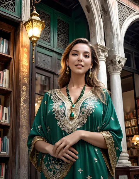 CL41R38, In a captivating black and white photograph, taken from a low angle, the woman stands confidently against the backdrop of an antique bookstore in Venice, Italy. Dressed in a vibrant, intricately embroidered Moroccan caftan of deep emerald green, a...