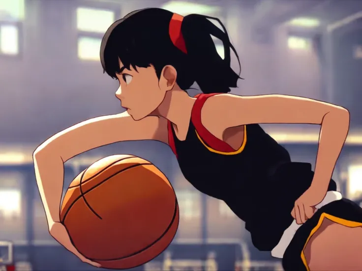 Riot style.a girl,holding a basketball,gym background