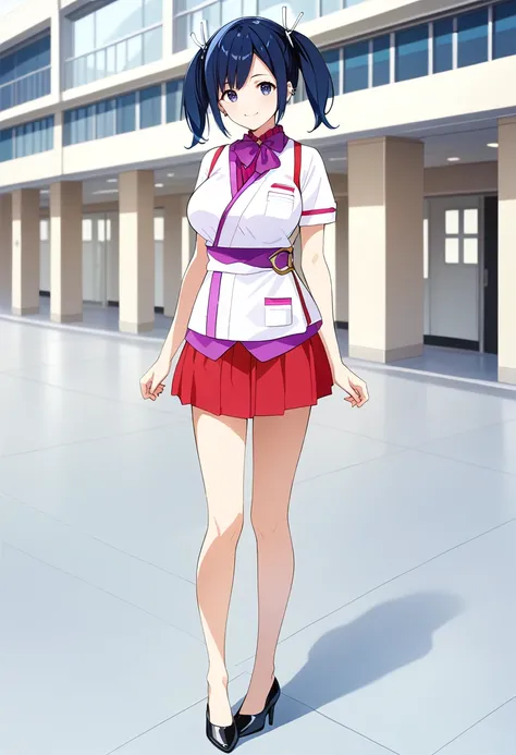 standing, solo, 1girl, airport, full body, large breasts, <lora:KC_04AC_souryuu_pony:1> souryuukc, blue hair, short twintails, blue eyes, hair ribbon, white ribbon,     hiryuuCAkc, shirt_scarf_skirt, purple neckerchief, white apron, red tasuki, short sleev...