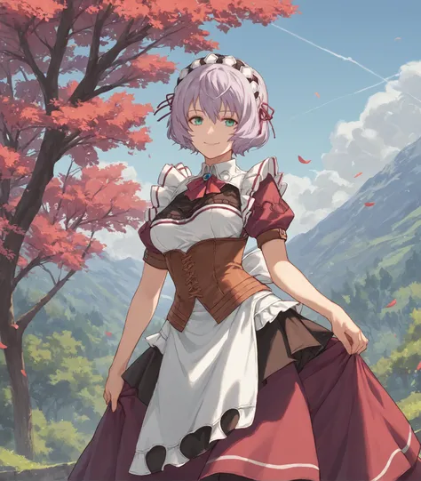 score_9, score_8_up, score_7_up, score_6_up, score_5_up, score_4_up, BREAK source_anime,
1girl, solo,  cowboy shot ,  looking at viewer, smile, outdoors, sky, trees,
 <lora:SharonKreugerMaid:0.9>, Sharon Kreuger, lavender hair, short hair, aqua eyes, mediu...