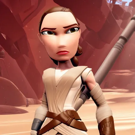 brown hair ponytail, Raggs around arms, , raggs around arms, Rey, belt, white undershirt, boots