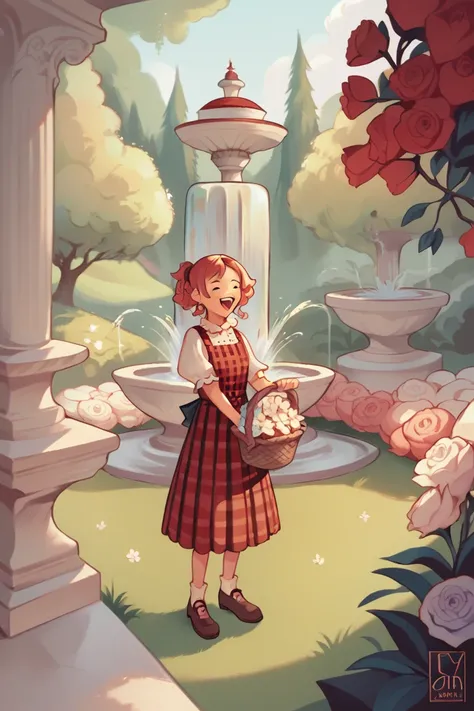 score_9, score_8, score_7, score_6, cybercyanceebeeStyle, A young girl in a red and white checked dress, holding a basket of flowers, with a happy expression, in a lush garden with blooming flowers and a fountain.