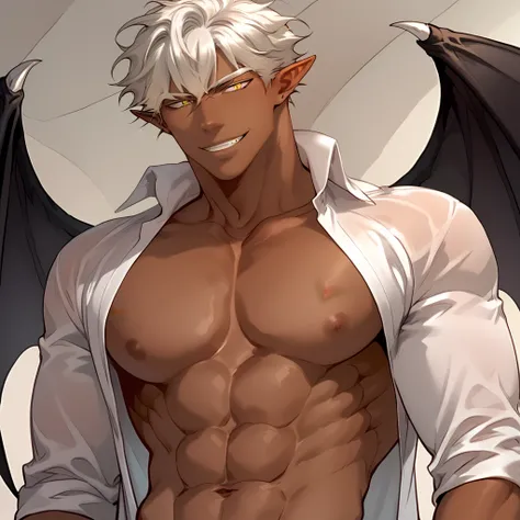 score_9, score_8_up, score_7_up,score_6_up, 1boy, man, cain, yellow eyes, dark skin, open shirt, abs, pectorals, pointy ears,smile, bat wings, white hair