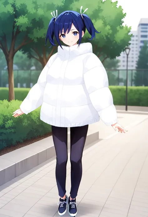 standing, solo, 1girl, park, full body, large breasts, <lora:KC_04AC_souryuu_pony:1> souryuukc, blue hair, short twintails, blue eyes, hair ribbon, white ribbon,     souryuu354kc, winter_coat, white coat, black pants, black sneakers, score_9,score_8_up, sc...