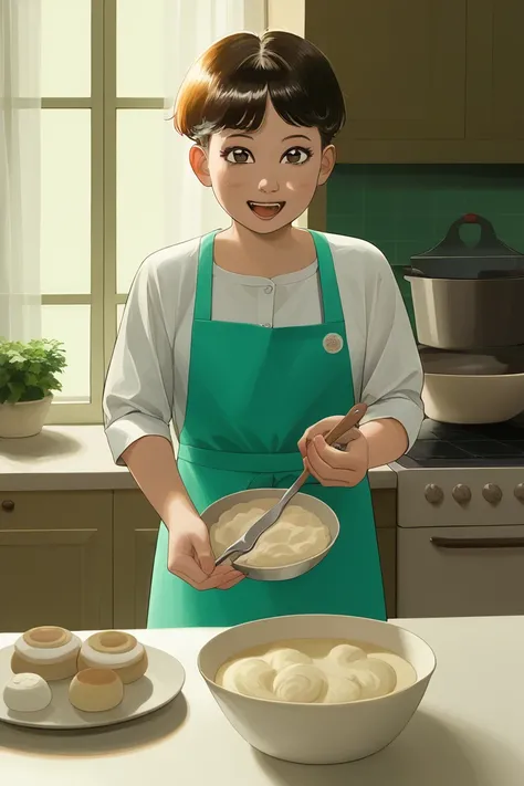 score_9, score_8, anyannkoStyle, anyannko, source_anime, anyannkoStyle, An adult woman in a blue and white striped apron, baking in a cozy kitchen, with a happy expression, surrounded by cooking utensils and fresh ingredients.