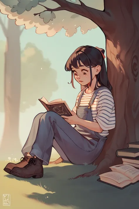 score_9, score_8, score_7, score_6, cybercyanceebeeStyle, A young girl in a blue and white striped shirt and denim overalls, reading a book under a tree, with a thoughtful expression, in a peaceful park.