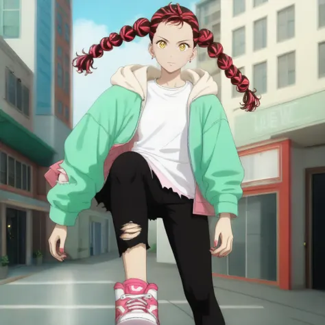 1girl, solo, standing, leaned to the side <lora:azukiXLpony:1> haru, yellow eyes, red hair, multicolored hair, twin braids, earrings, pink nails, white shirt, green jacket, hood, black pants, torn pants, sneakers,