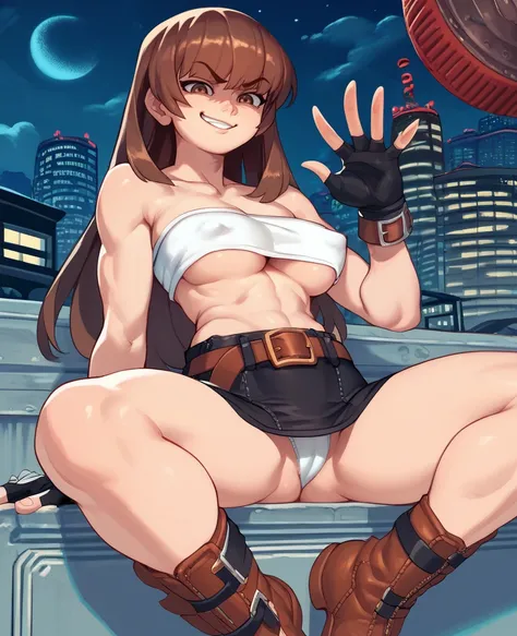 score_9,score_8_up,score_7_up,score_6_up,kirishimanagixl,brown eyes,brown hair,long hair,bangs,
tube top,belt,blackskirt,underboob,bare shoulders,covered nipples,waving,boots,
sitting,white underwear,spread legs,smug,
fingerless gloves,night,city,<lora:Kir...