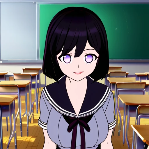 (best quality), (ultra-detailed), (best illustration), (best shadow), masterpiece, high res, (solo, 1girl), gray school girl uniform, black stockings, smug smile, parted lips, purple eyes, black hair, waist up view, in a classroom, virgin killer outfit