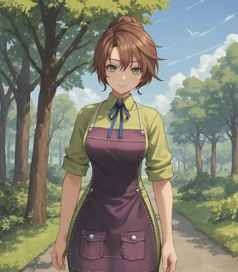 score_9, score_8_up, score_7_up, score_6_up, score_5_up, score_4_up, BREAK source_anime,
1girl, solo,  cowboy shot ,  looking at viewer, smile, outdoors, sky, trees,
 <lora:MarthaHerschel:0.9>, Martha Herschel, green eyes, brown hair, medium hair, hair bun...