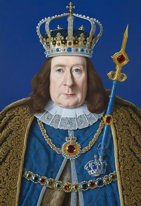 mwilks, a detailed close-up painting of a king Charles III, adorned in a crown and scepter wearing a royal attire. the background of the painting is a royal blue