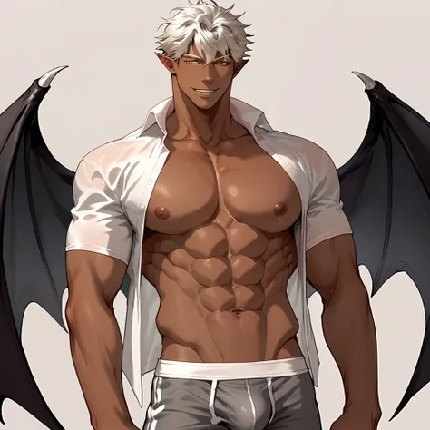 score_9, score_8_up, score_7_up,score_6_up, 1boy, man, cain, yellow eyes, dark skin, open shirt, abs, pectorals, pointy ears,smile, bat wings, white hair, underwear, bulge