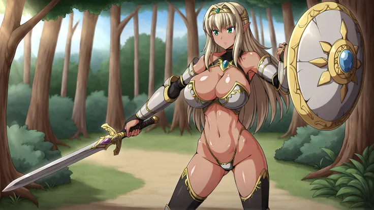 cinematic film still undefined<lora:ForneliaDE:0.8> fornelia, 1girl, long hair, blonde hair, large breasts, dark skin, green eyes, pointy ears, dark-skinned female, elf, bikini armor, weapon, gloves, armor,  thin figure, thin waist, thin thighs, green eyes...