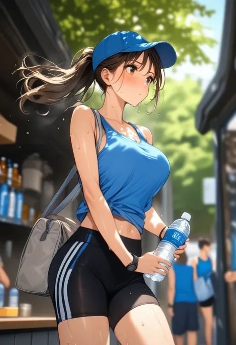 <lora:BLE 0.5v:1>, BLE, best quality, masterpiece, detailed background,
bottle, sweat, water bottle, hat, ponytail, outdoors, solo focus, baseball cap, holding, brown hair, blue headwear, blurry, breasts, holding bottle, blush, blurry background, 1girl, ba...