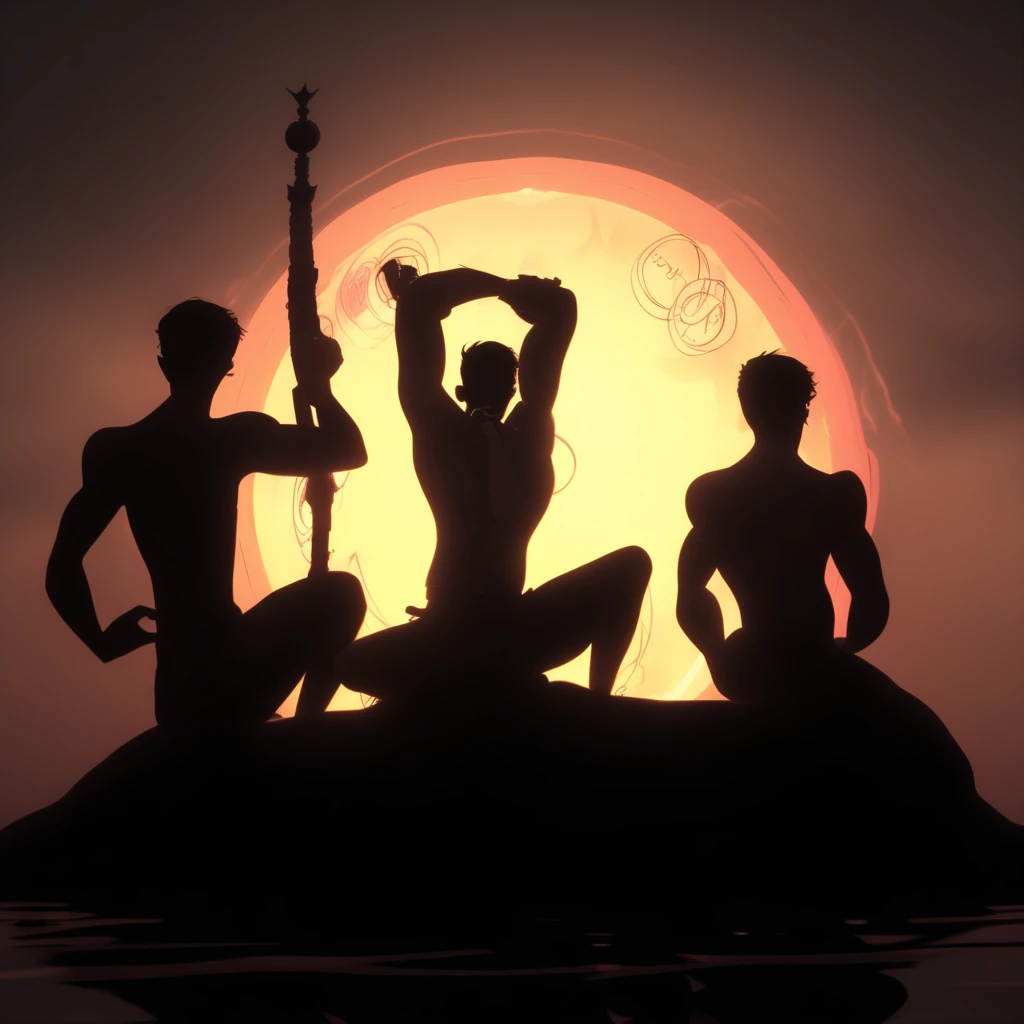 silhouette, floating, multiple boys, holding weapon, necktie, nude, magic circle, muscular, sitting, abs, long sleeves