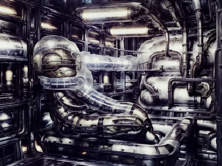 giger, a large underwater suit stands in a technologically advanced environment