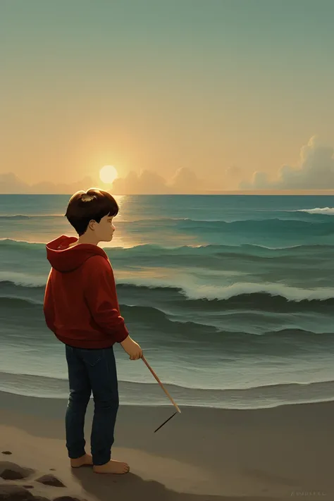 score_9, score_8, anyannkoStyle, anyannko, painting, anyannkoStyle, A young boy in a red hoodie and black jeans, standing on a beach, looking out at the ocean, with a thoughtful expression, as the sun sets in the background.