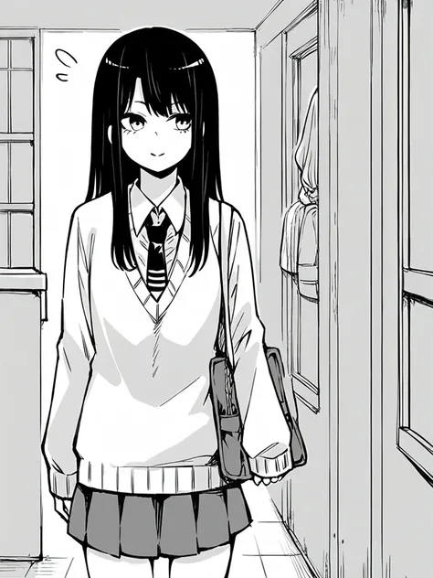 score_9, score_8_up, score_7_up, 
1girl, monochrome, yotsuya miko, black hair, long hair,

school uniform, sweater, long sleeves, necktie, pleated skirt, 