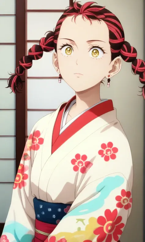 1girl, solo, print_kimono <lora:azukiXLpony:1> haru, yellow eyes, red hair, multicolored hair, twin braids, earrings,