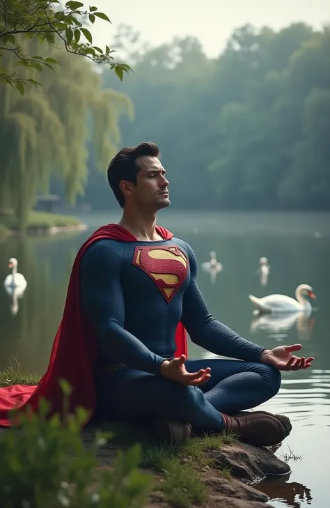 superman is meditating with his eyes closed by a peaceful lake with cool air and lots of trees. in the lake there are a few swan...