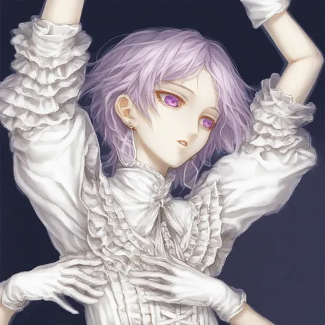 arms up, earrings, white dress, upper body, purple eyes, parted lips, frills, androgynous, gloves