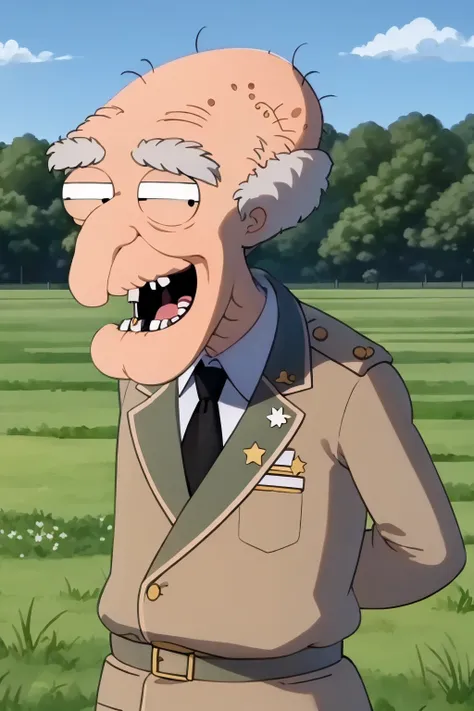 masterpiece, best quality, flat color,
1boy, herbert, grey hair, old, old man,
military uniform,
open mouth, happy, teeth,
arms behind back, upper body, solo, looking at viewer, blue sky, grass, meadow background     <lora:Herbert:1>