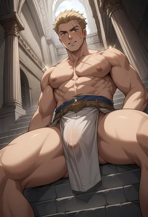 score_9, score_8_up, score_7_up, source_anime, rating_explicit, sparkles effects, Pretail, 1boy, male focus, scar, topless male, greek white chiton, sitting, marble stairs, hands with five fingers, suggestive legs spread, flaccid penis under cloth, from be...