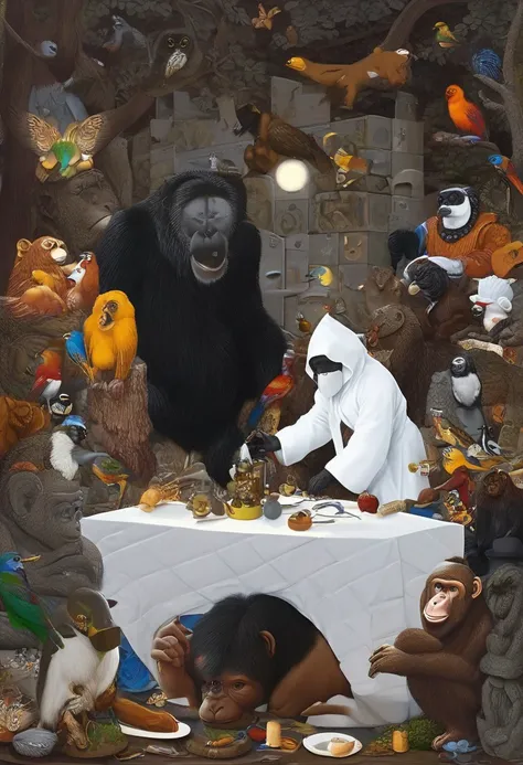 mwilks,a detailed close-up captures a vibrant collage of human and animal faces, bodies, and objects. dominating the foreground is a chimpanzee, his black fur contrasting with the white of his head. hes adorned with a white robe, his arms draped over a bro...