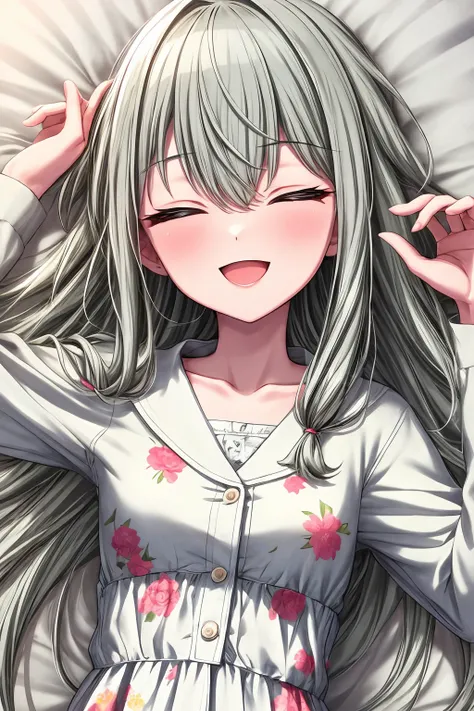 (masterpiece), best quality, expressive eyes, perfect face, nenechan, blush, smile, open mouth, long sleeves, dress, hair between eyes, very long hair, collarbone, closed eyes, upper body, :d, sidelocks, hand up, white dress, buttons, floral print,facing v...