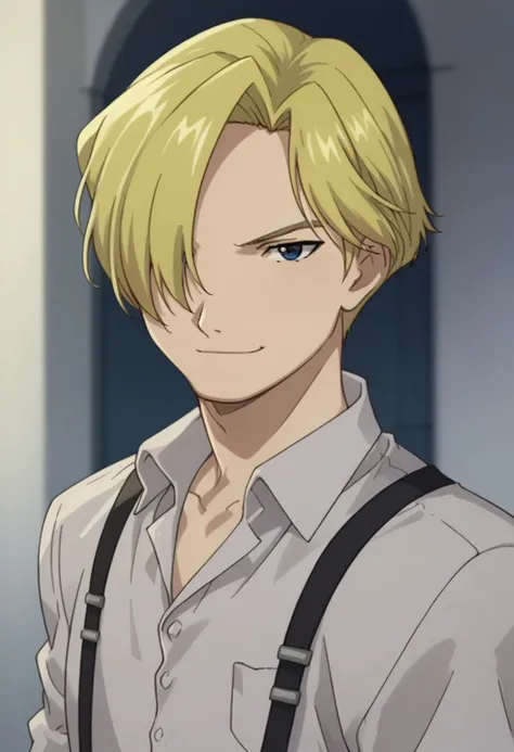 score_9, score_8_up, score_7_up, source_anime, highly detailed, 

russelltringham, 1boy, solo, male focus, blonde hair, blue eyes, hair over one eye, looking at viewer, upper body, suspenders, shirt, collared shirt, pants, light smile