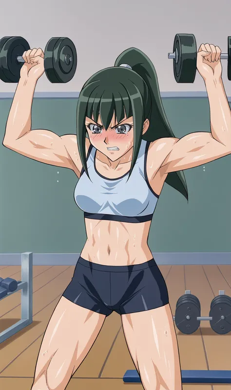 CC, 1girl, solo, green hair, grey eyes, ponytail, gym, sports bra, short tights, muscular, flexing, sweating, sweat drip, lifting weights, teeth clenched, blush, angry face, <lora:Carly Carmine Pony XL:0.8>