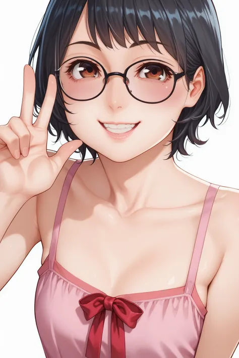 score_7_up, 1girl, solo, smile, looking at viewer, glasses, ribbon, black hair, pink dress, white background, simple background, collarbone,  brown eyes, upper body,  short hair, blush, bangs, teeth, v 
,  <lora:Yamatogawa_PonyXL_dim32:1>