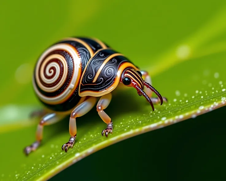 A macro photograph of a small, armored creature making its way across a vibrant green leaf. Its shell is a spiral, swirling pattern of protective plating, while its body is soft and slimy, with a pair of antennae on its head. Sturdy claws grip the leaf as ...