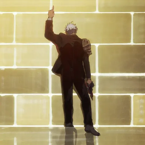 one hand raised, Score_7_Up, index finger extended, other hand lowered, source_anime, Score 9, holding a weapon, Score_8_Up