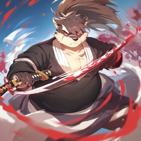 score_9, score_8_up, score_7_up, score_6_up, score_5_up, score_4_up, shino, housamo, anthro, dog, chubby, fat, ponytail, scars, five toes, black soles, red eyes,  japanese clothes, action pose, holding katana, holding sword, night scenery, school backgroun...